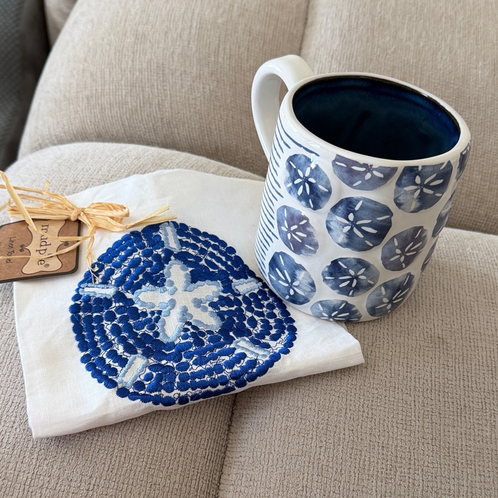 Mud Pie Coastal Blue Sand Dollar Ceramic Mug and Linen Tea Towel